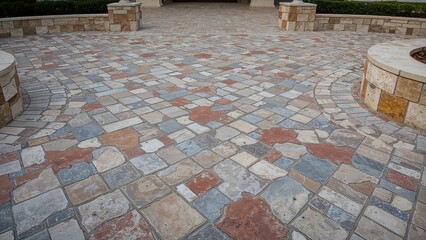 Colorful stone paving on a courtyard with circular seating areas and low stone walls. Handcrafted stone tiles. Decorative and functional outdoor area.