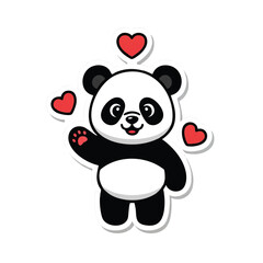 Adorable baby panda mascot waving cheerfully alongside floating red heart shapes, presented as a high-quality 2D flat style illustration perfect for Valentine's Day.