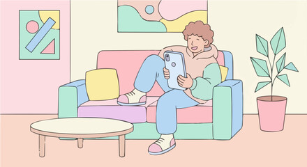 A cheerful person with curly hair relaxing on a pastel-colored sofa, looking at a tablet in a cozy living room with abstract art and a plant.