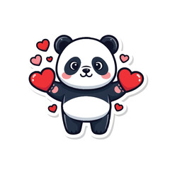 Cute baby panda bear, portrayed in a joyful flat 2D sticker illustration style, happily features large black eyes and surrounding floating red love symbols on an isolated clean white background.
