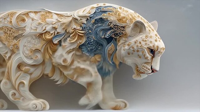 Artistic sculpture of a walking leopard with detailed patterns elegant design