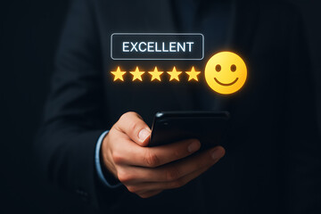 Excellent customer review: a person holds a smartphone displaying a glowing five-star rating and an "excellent" text label next to a happy smiley face for a service or product