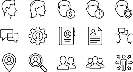 Human Resources and Business People Outline Icon Set, Featuring User Profiles, Teamwork, Communication, Hiring, and Location Pin for Corporate Concepts
