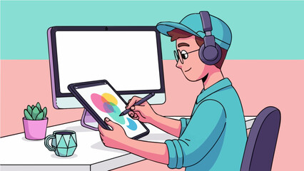 A young man with headphones and glasses drawing on a digital tablet with a stylus, sitting at a desk with a computer monitor.