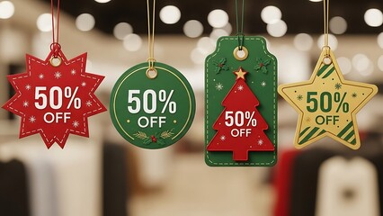 Four Christmas sale tags with 50 percent off discount fifty