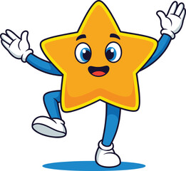 Cute happy star character cartoon illustration with expressive face, playful pose, smiling mascot design for kids and branding