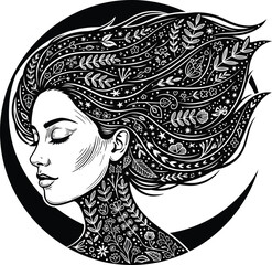 Woman With Floral Hair &ndash; Detailed Moon Circle Vector