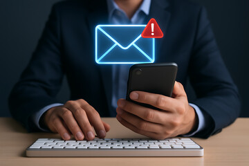 Digital security warning: a businessman receives an urgent red alert on his mobile phone with a glowing envelope icon indicating potential email spam, phishing, or a virus attack