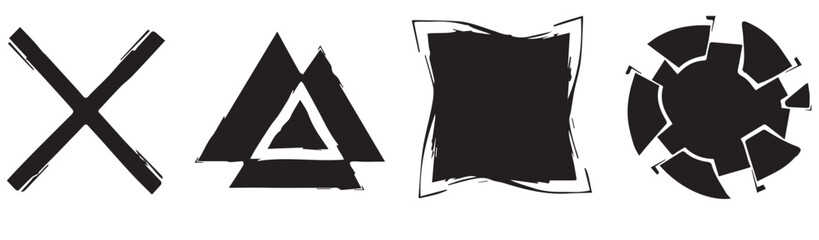 Abstract Brush-Stroke Geometric Shape Set &mdash; Hand-Drawn X, Triangle, Square and Circular Splash Icons for Modern Graphic Design and Artistic Branding