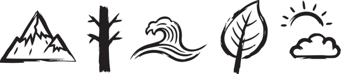 Minimal Nature Line Art Icon Set &mdash; Hand-Drawn Mountain, Tree, Wave, Leaf, Sun and Cloud Symbols for Logos, Eco Designs, Labels and Illustrations