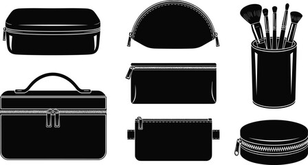 Makeup bags, cosmetic containers, silhouette design, beauty storage, brush holder, zippered pouch, travel case, round bag, fashion accessory, organizer set
