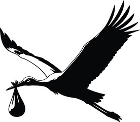 Stork With Baby Bundle in Flight &ndash; Black Vector