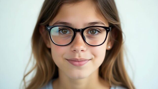 Video A smiling woman wearing glasses looks directly at the camera, making eye contact