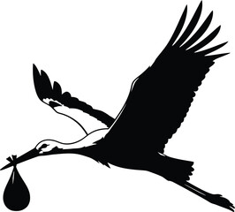 Flying Stork Carrying Baby Bundle &ndash; Vector Silhouette