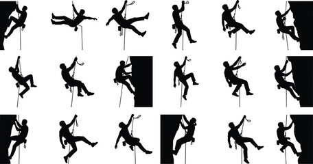 Rock climber silhouettes, climbing poses, rappelling figures, harness gear, rope action, vertical ascent, outdoor sport, adventure sketch, cliff movement, silhouette design