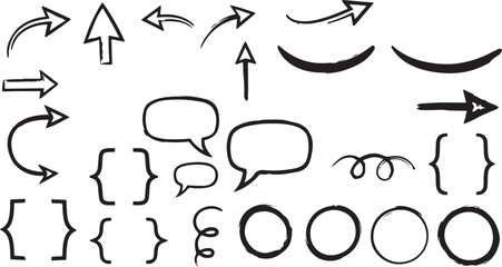 Hand-Drawn Doodle Elements Set &ndash; Sketch Arrows, Speech Bubbles, Brackets & Circle Highlights