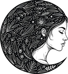 Floral moon woman artistic vector illustration