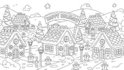 Holiday Gingerbread Village Coloring Page with Frosting Roofs, Candy Decorations, Snowy Paths, and Festive Trees for Kids.svg