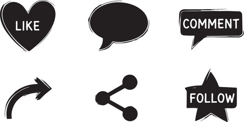 Social Media Icon Set &ndash; Black Brush-Style Like, Comment, Follow, Share & Message Symbols