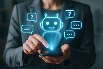 A businesswoman interacts with a smiling chatbot hologram on her smartphone, surrounded by question and speech bubbles, highlighting ai customer support and virtual interaction