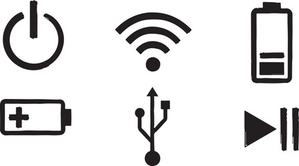 Essential Digital Interface Icons for Power, Connectivity, Charging, and Media Control