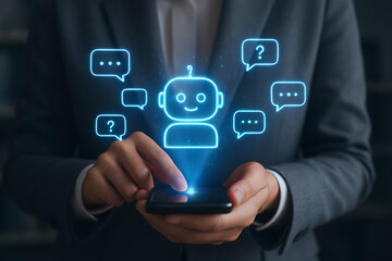 A businesswoman uses a smartphone to engage with a glowing chatbot icon surrounded by speech and question marks, representing ai customer service and automated support in a professional environment