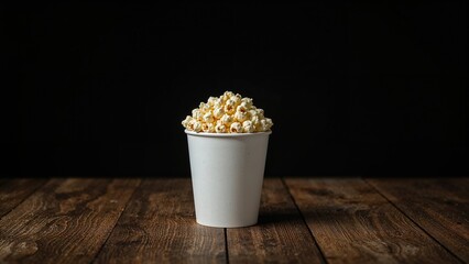 A cup of popcorn on a wooden surface against a dark background.