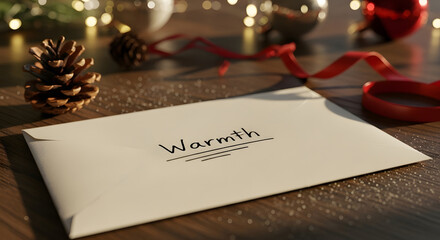 Handwritten word warmth on cream colored envelope surrounded by christmas decorations and bright festive bokeh lights