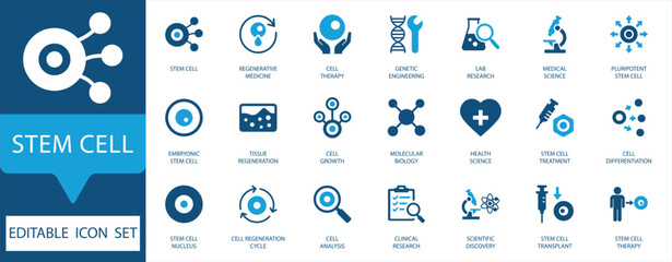 Stem Cell Editable Icon Set. Vectors for regenerative medicine, cell therapy, biotechnology, genetic research, molecular biology, and clinical projects.