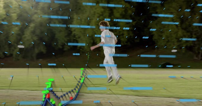 Cricket bowler running and releasing ball on pitch, engaging animated bars, triangle wave analytics