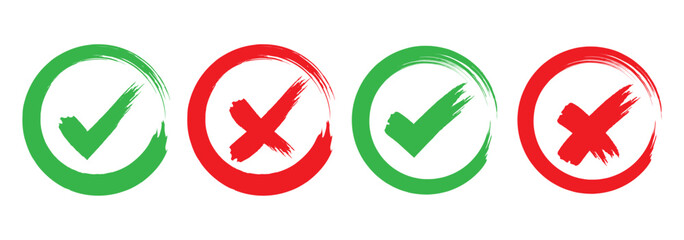 Set of Check Mark And Cross Mark In Grunge Style. Brush hand drawn circle Green Checkmark and red cross icons. You can use it in your work. Vector illustration. Eps 10.