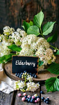 Elderberry flowers capsules and supplements. Selective focus. Nature.