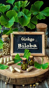 Ginkgo biloba plant and supplement capsules. Selective focus. Nature.