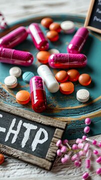 5-HTP capsules supplements on the table. Selective focus. supplement