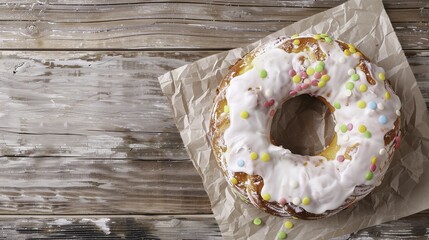 A frosted bundt cake with colorful sprinkles on parchment paper atop a wooden surface