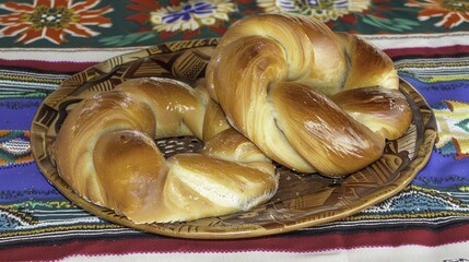 Golden braided bread loaves on a decorative plate atop a colorful patterned tablecloth