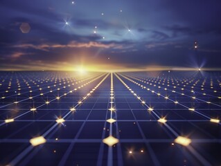 Endless grid of illuminated solar panels under a starry twilight sky