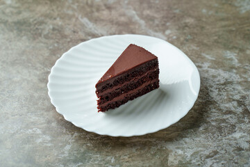 A delicious slice of chocolate cake sits elegantly on a simple white plate, showcasing layers of moist cake and glossy frosting, perfect for any dessert lover