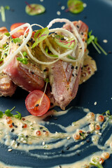 A beautifully arranged plate features marinated tuna accompanied by fresh vegetables and drizzled with a savory sauce. Each component creates a delightful harmony of flavors and textures