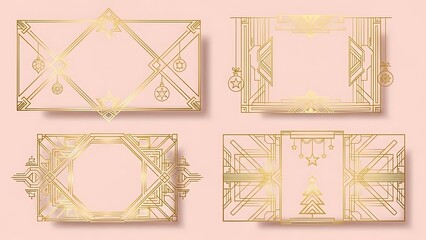 Obraz premium Four golden art deco frames with festive ornaments on pink background geometric