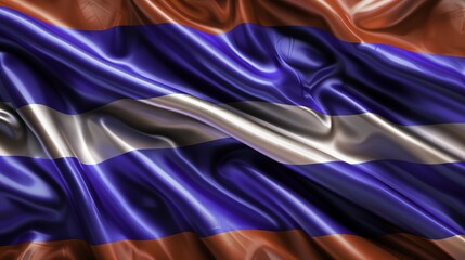 Waving flag with horizontal stripes in red, blue, and orange colors, featuring a glossy satin texture.