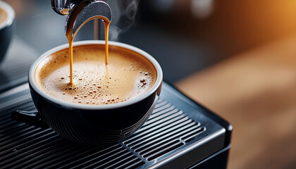 Freshly brewed espresso shot being poured into a dark ceramic cup with rich crema and rising steam, highlighted by bright natural light, perfect for a morning energizer