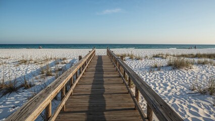 A wooden boardwalk leading to the beach with sand, grass, and the ocean under a clear blue sky.