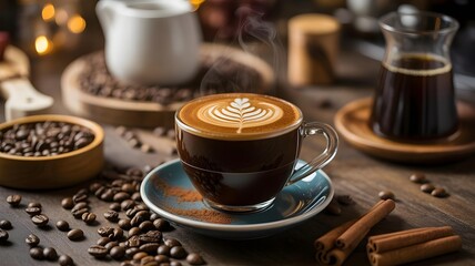 Steaming cup of coffee with latte art on a saucer surrounded by coffee beans