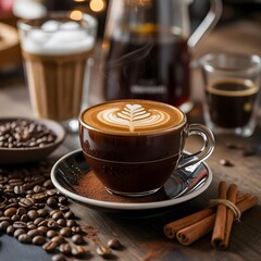 Steaming cup of coffee with latte art on a saucer surrounded by coffee beans