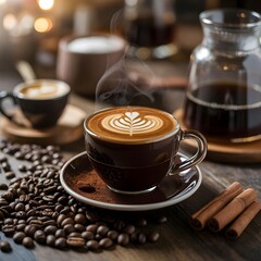 Steaming cup of coffee with latte art on a saucer surrounded by coffee beans