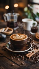Steaming cup of coffee with latte art on a saucer surrounded by coffee beans
