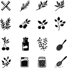 Monochrome Vector Illustration of Herbs, Spices, and Culinary Elements Depicted in Minimalist Silhouettes Featuring Cinnamon Sticks, Rosemary, Olive Branch, Parsley, Thyme, Cherries, Peppercorns, 
