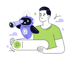 Generative search vector. Man with ai robot assistant explore the internet, analyze queries and improve visibility results. Outline isometric illustration.