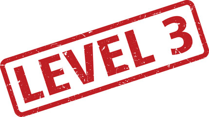 Distressed Red Level 3 Stamp on White Background, Rectangular Shape, Angled Perspective